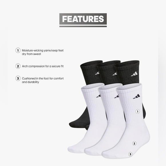 Adidas mens Athletic Cushioned Crew Socks With (6-pair)- Black and White - Picture 8 of 11